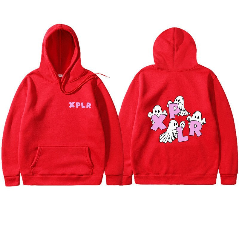 Dame hoodie med kreativt spøgelsesmotiv og kangaroo lomme Skovae