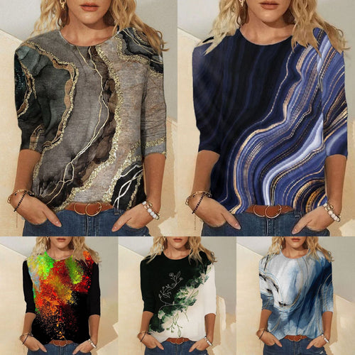 Stilla | Trendy Grafisk Print Rund Hals Langærmet T-shirt