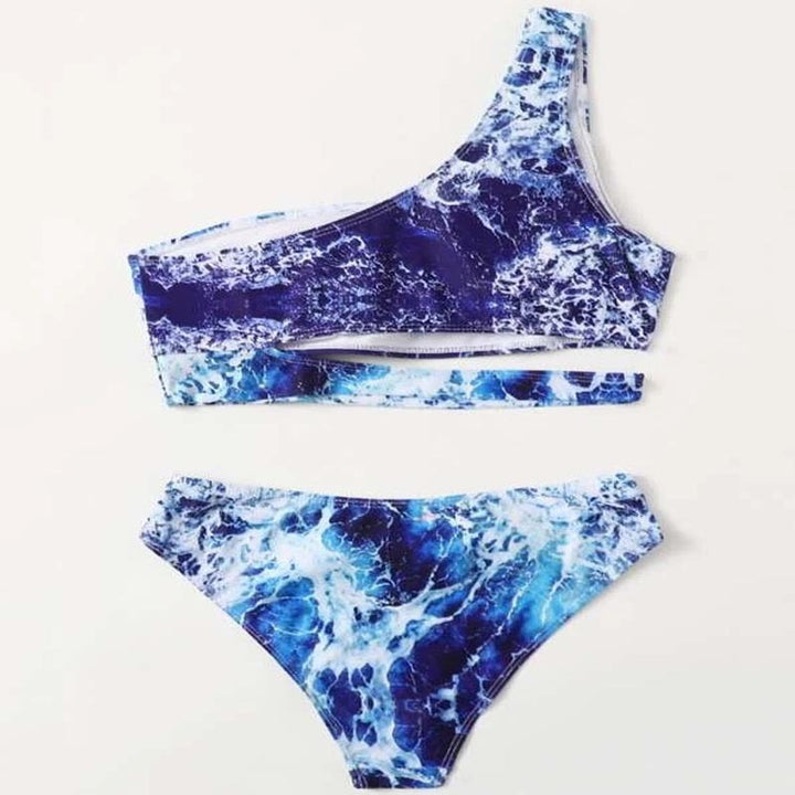 Dame Sport-Bikini med asymmetrisk skæring og moderne vandmotiv Skovae