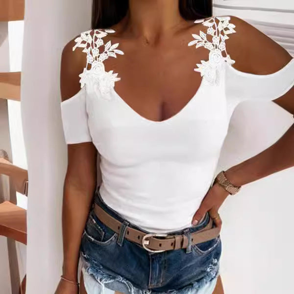Dame Cold Shoulder Blomster Dekoreret V-Udskæring Top Stilla
