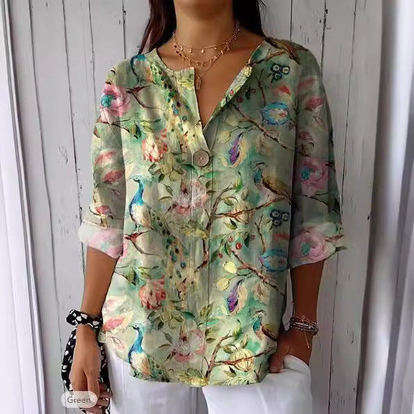 Dame luftig bluse med blomsterprint og knapdetalje Stilla