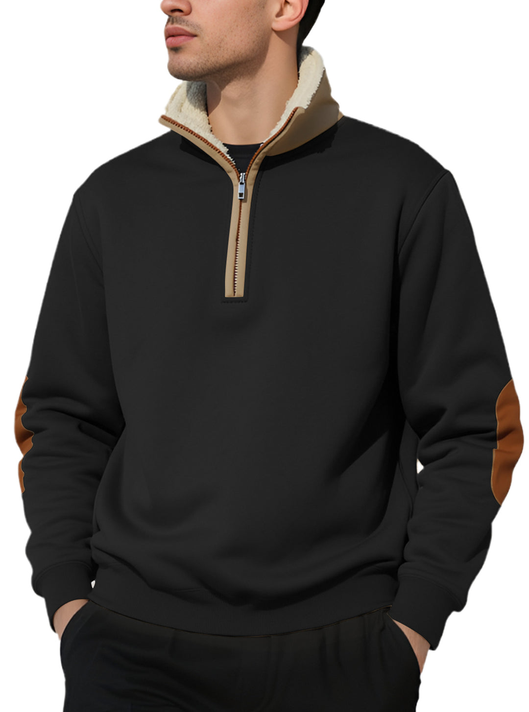 Herre nan legeres halvzip-sweatshirt med sherpa-futteret ståkrave og kunstlæder-albueapplikation Skovae