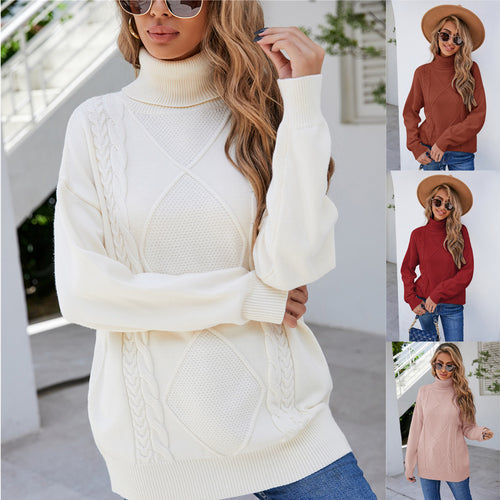 Kvindernes chunky strik sweater med høj krave og kabelmønster Stilla