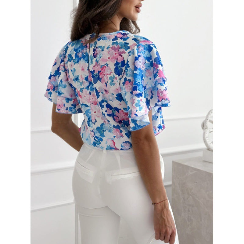 Dame Floral Rynkede Ærme Bluse Stilla