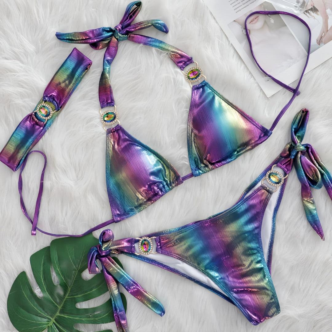 Dame Glinsende Slips-Detalje Triangle Bikini Sæt Stilla