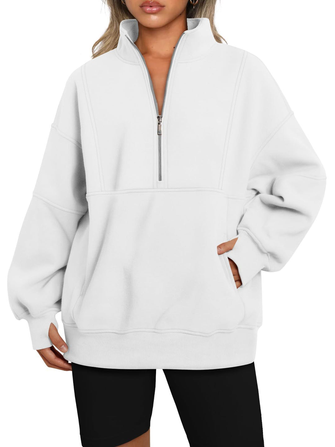 Dame Sporty Hoodie med halvdelen lynlås og voluminøse ærmer Stilla