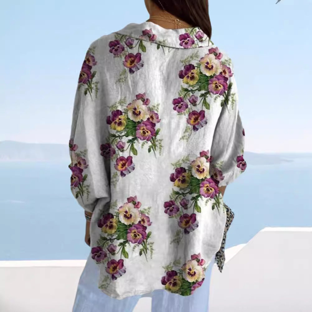 Dame nan lette linnedlook-skjorte med blomsterprint, løs pasform, opkræftelige ærmer og sidelommer Skovae
