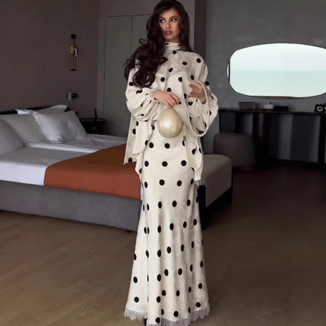 Dame Elegant Maxi Kjole med Dobbel Kant Design og Pletmønster