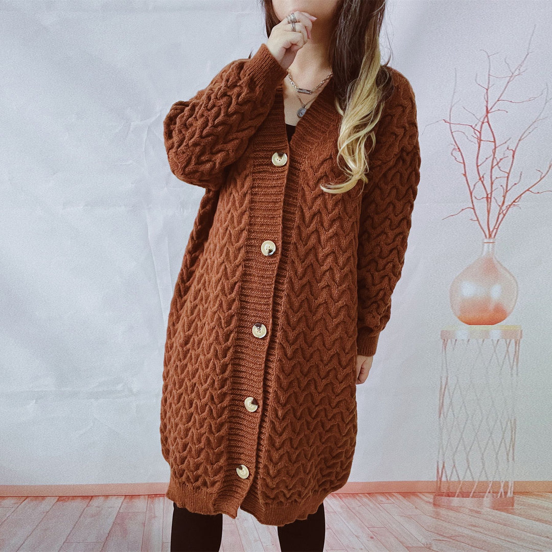 Kvinders cardigan med hele kabelmønster og store knapper Stilla