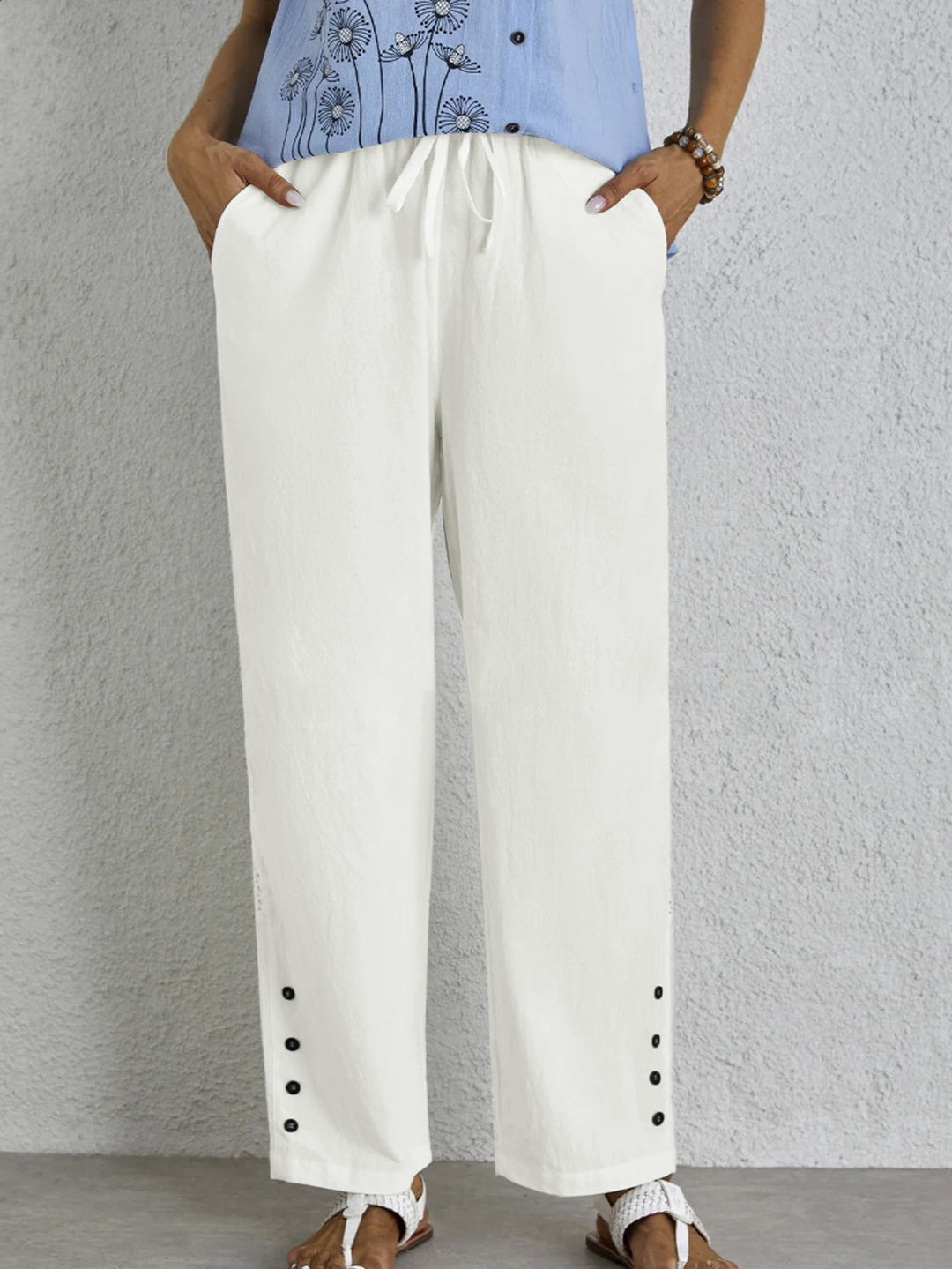 Dame Relaxed Fit Elastisk Taljebukser med Knapdetaljer Stilla