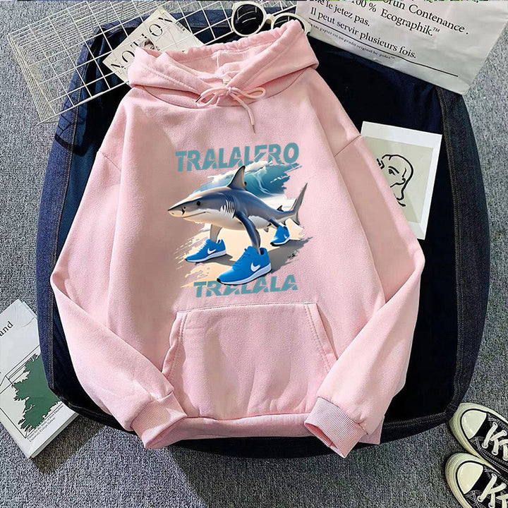 Dame hoodie med sjov hajmotiv og grafiske elementer Skovae