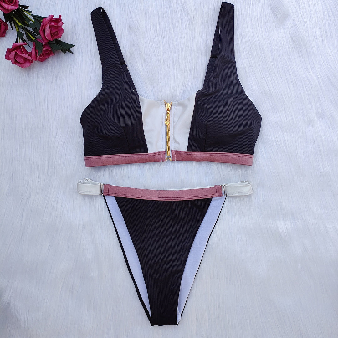 Dame Sport-Bikini-Sæt med lynlås og farvemæssigt afgrænsede detaljer Skovae