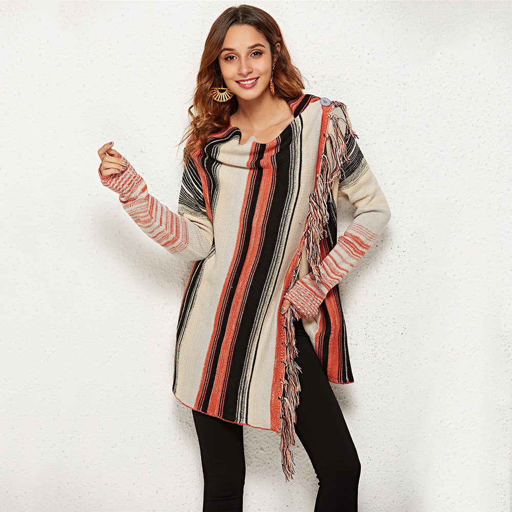 Kvinders fashionable cardigan med frynser og typisk stribet mønster Stilla