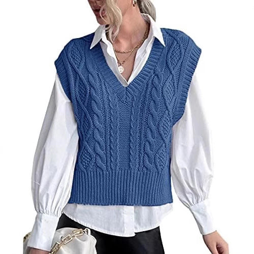 Dame strikpullover i vintage-look med V-udskæring og fletmønster Stilla