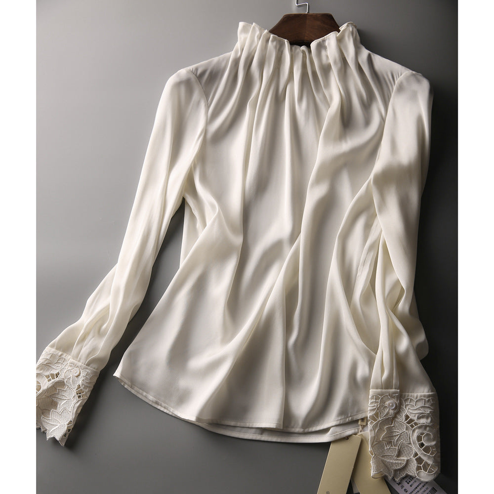 Dame elegant bluse med flæsedetaljer og blondeærmer Stilla
