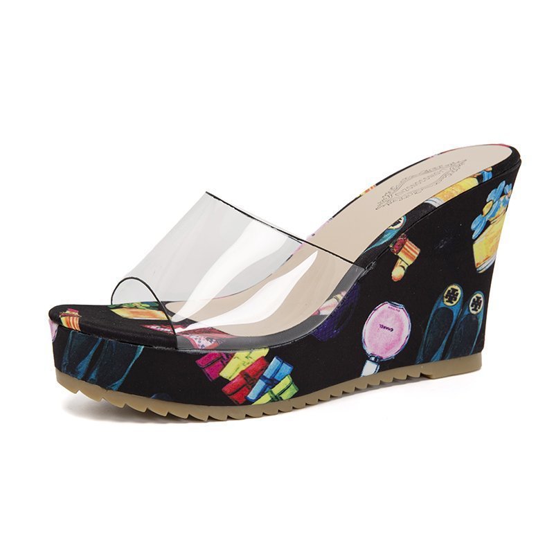 Dame nan PVC-rems kile-sandaler med blomstertrykt kile-sål og ergonomisk komfort fodseng Skovae