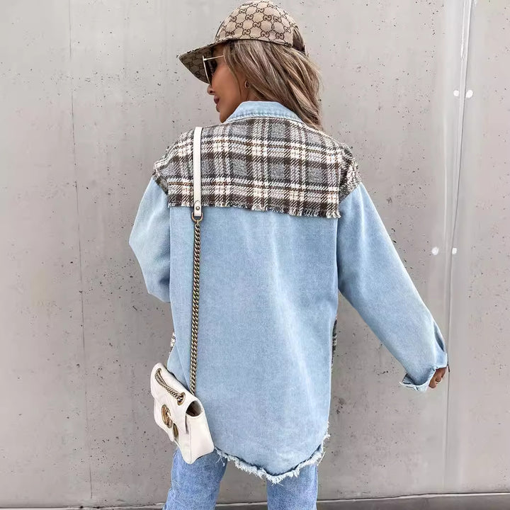Dame varieret denimvest med ternede elementer og frynser Stilla