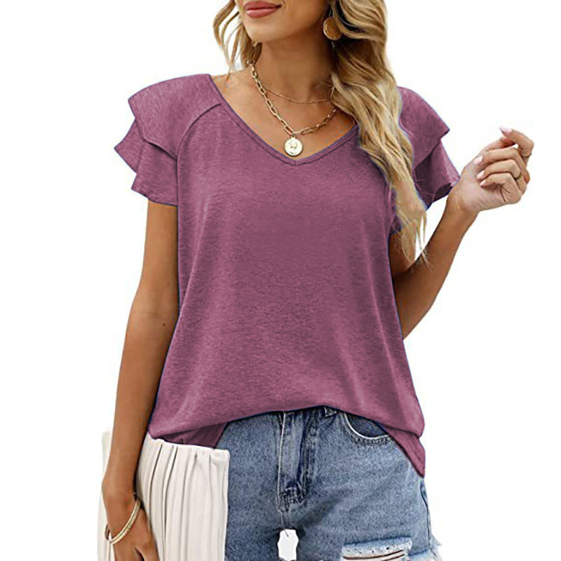 Dame T-shirt med elegante flæse-detaljer og V-hals Stilla