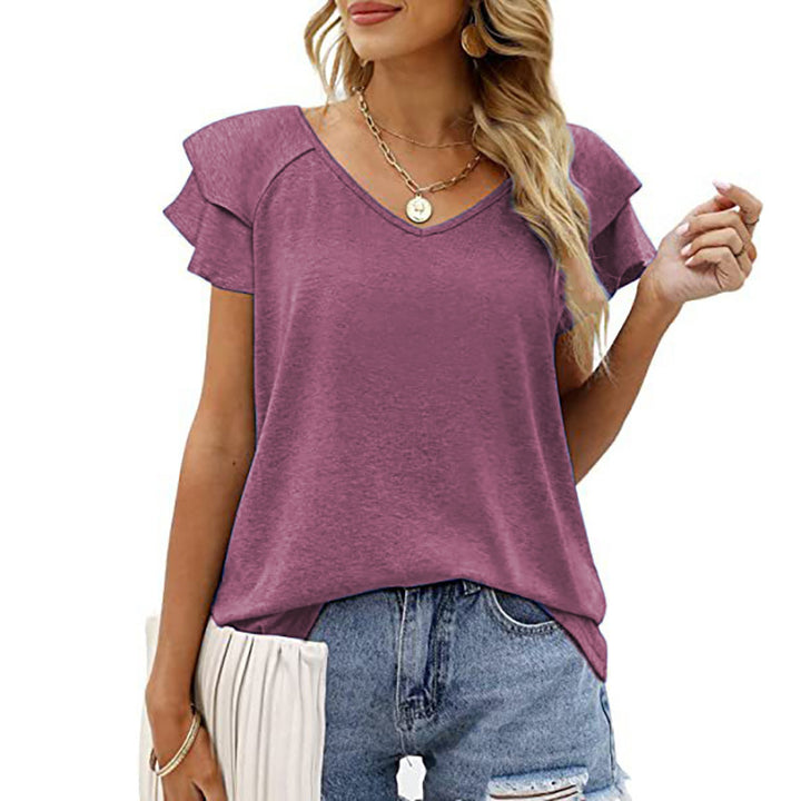 Dame T-shirt med elegante flæse-detaljer og V-hals Stilla