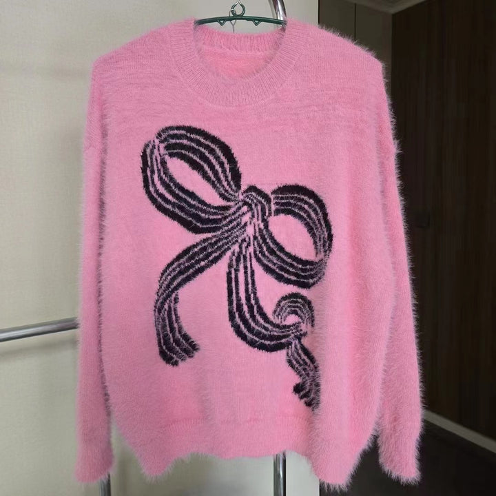Kvindernes hyggelige sweater med dekorativ sløjfe mønster