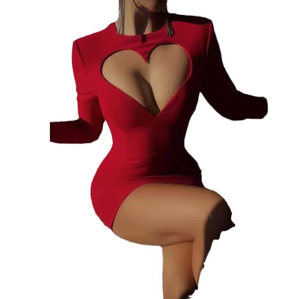 Kvinders sexy mini kjole med hjerteformet udskæring og lange ærmer Skovae