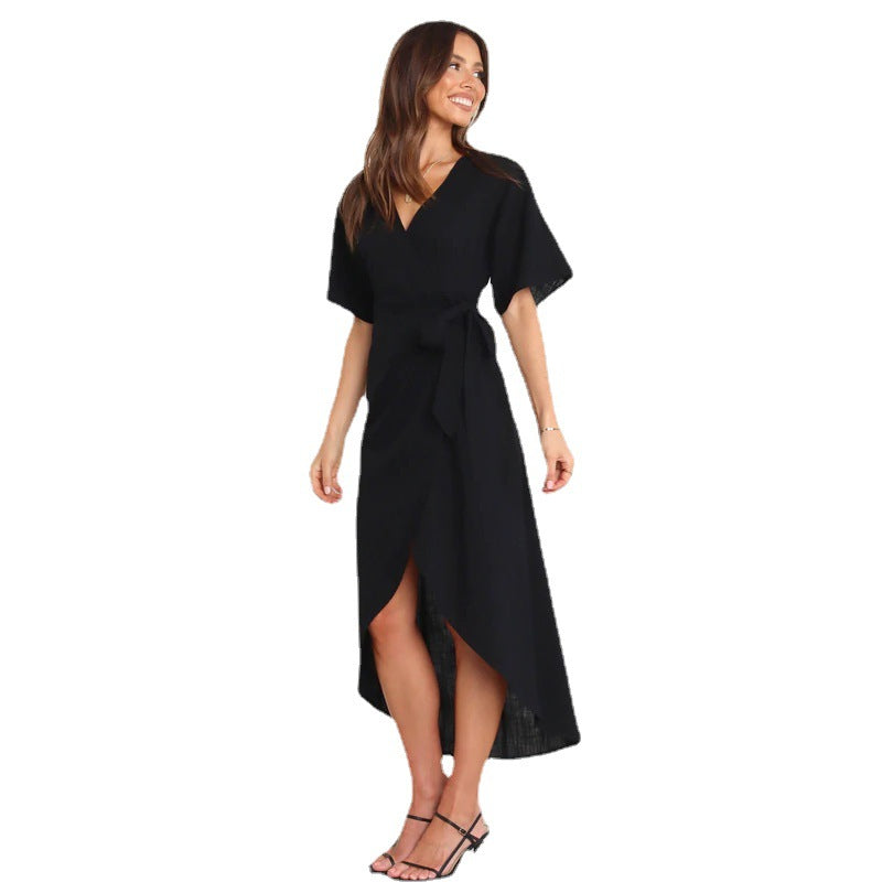 Women's wrap dress with elegant V-neckline and fashionable waist belt