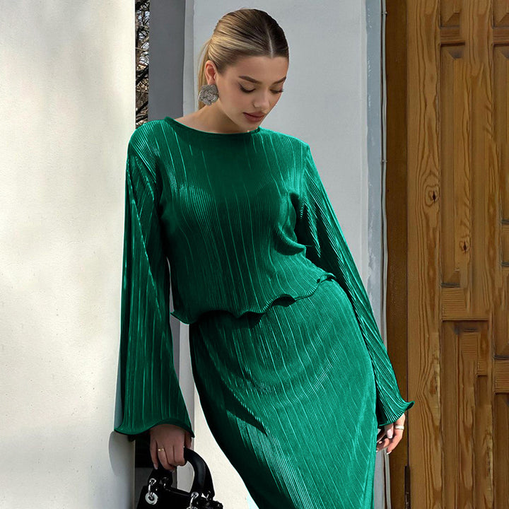 Dame sæt bestående af langærmet bluse og elegant maxiskørt med ribstruktur Stilla