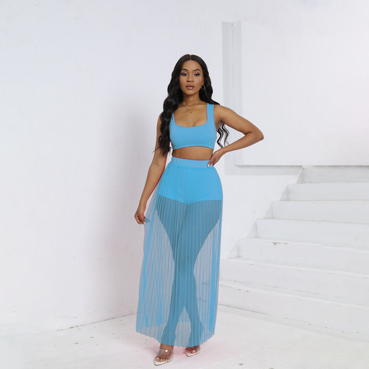 Dame loungewear-sæt med gennemsigtig maxi-nederdel og matchende top Stilla