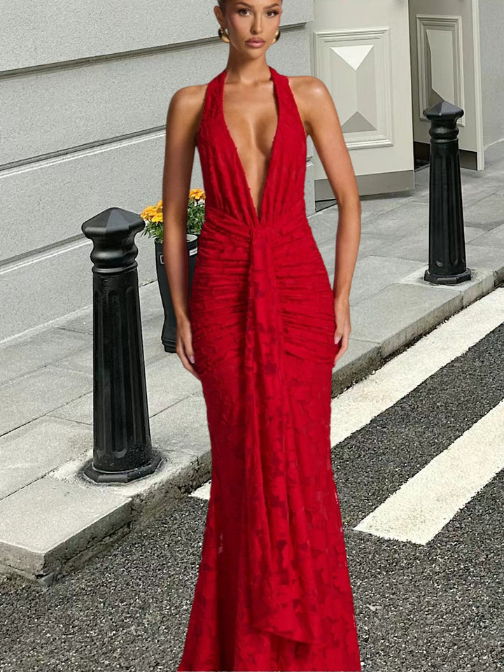 Damer Elegant Maxi Kjole med Dyb V-Hals og Volang Design