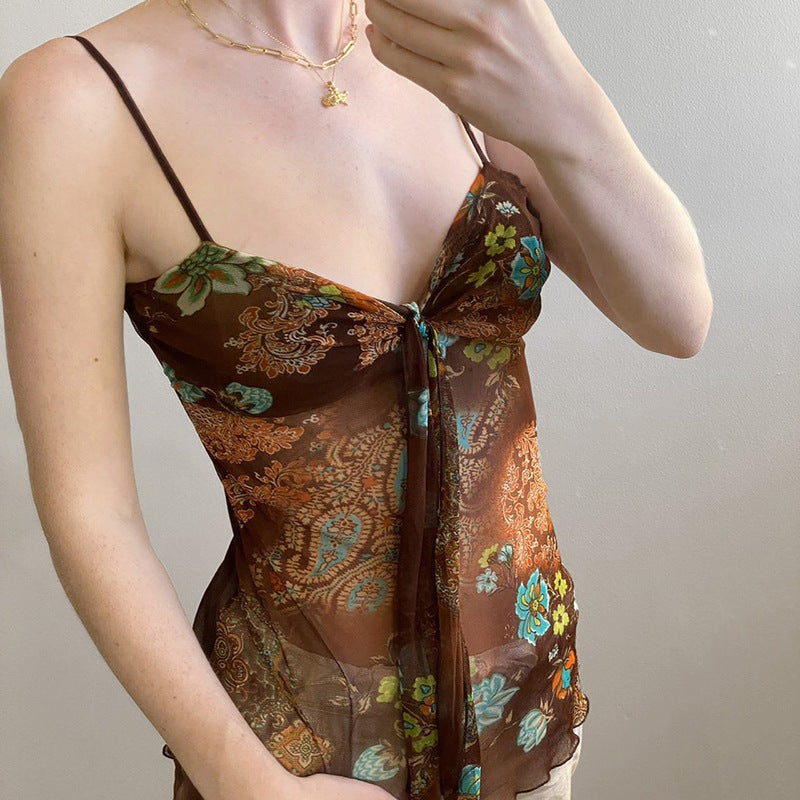 Dame blomster mønster spaghetti strop top med flydende design Skovae