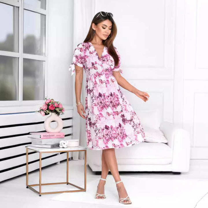 Dame Floral Midi Kjole med Sløjfeærme-Detaljer Stilla
