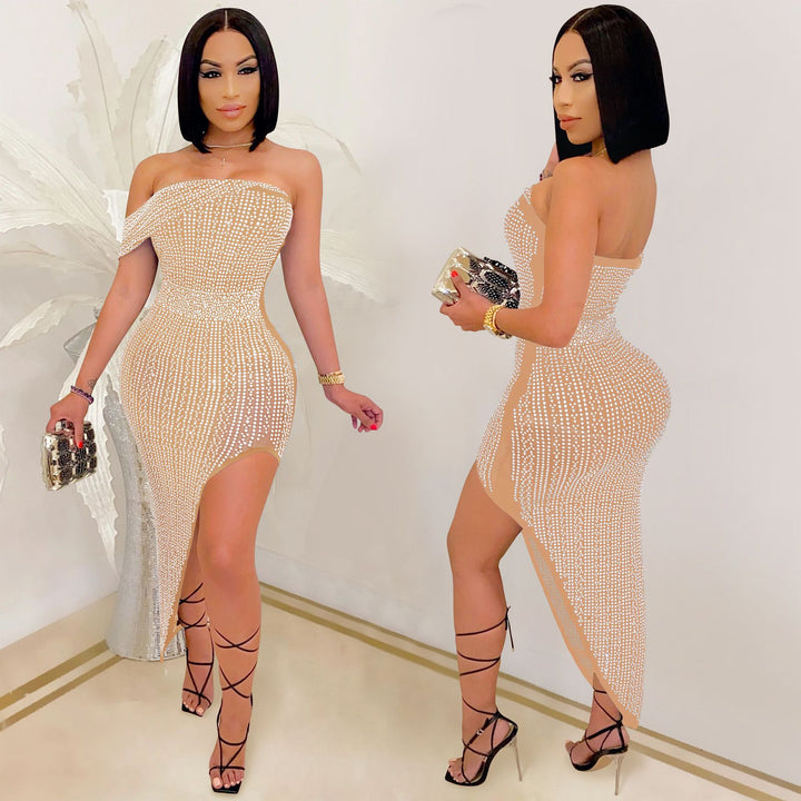 Dame Glamourøst Strapless Minikjole med Strass-applikationer og sexet split Stilla