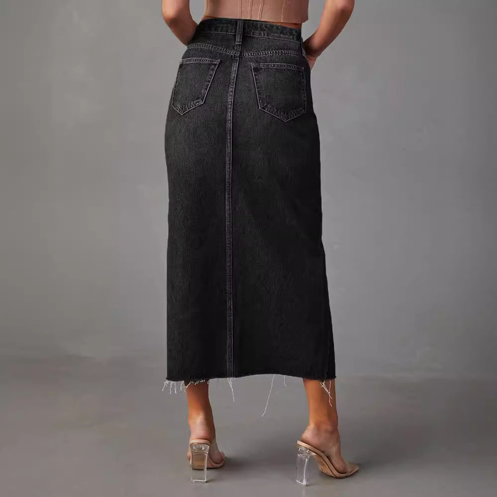 Dame Midirok i denim med sidelæg Stilla