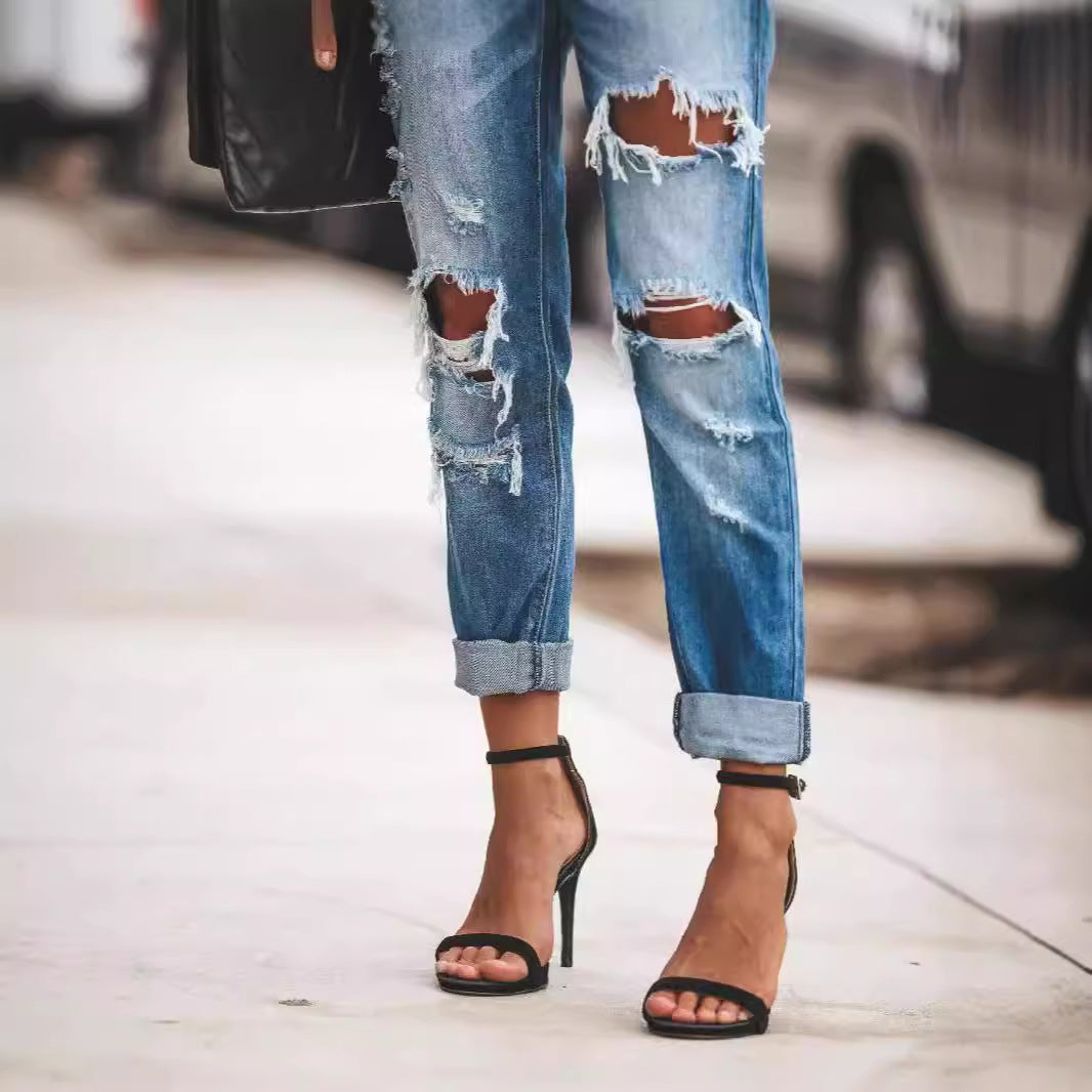 Dame Destroyed Boyfriend Jeans i afslappet stil med høje revnedetaljer Skovae