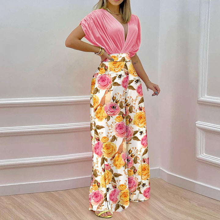 Damer Elegant Jumpsuit med Dyb V-Hals og Bred Skåret Ben Stilla
