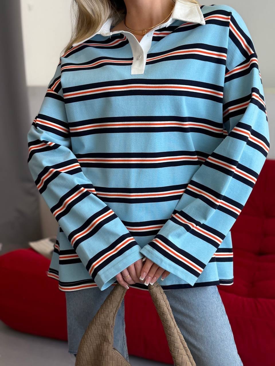 Kvinder stribet bluse sweater med klassisk krave Stilla