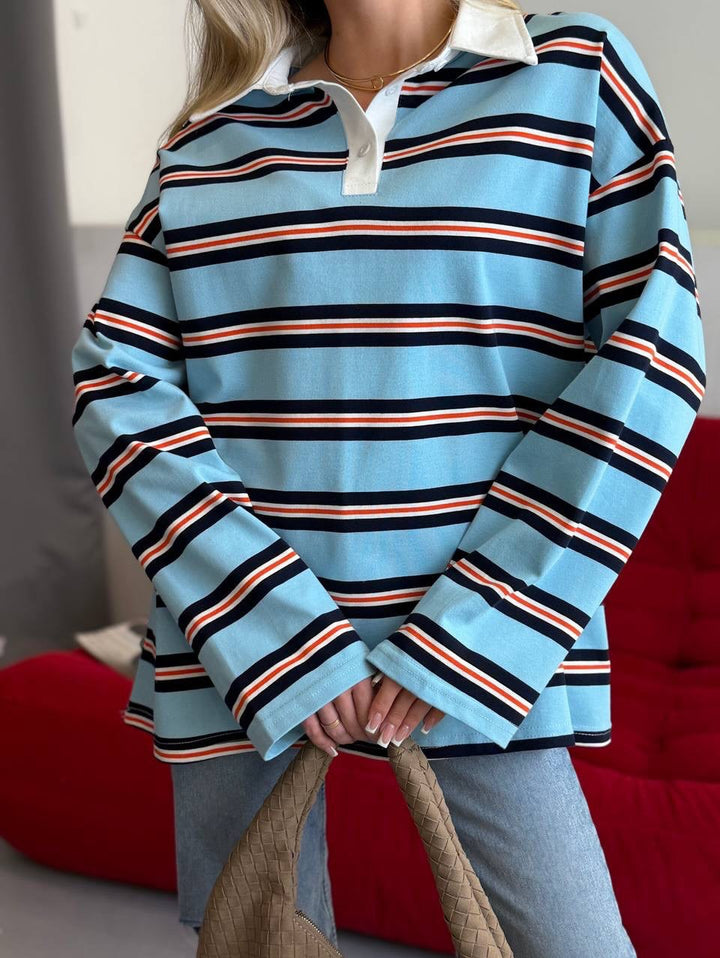 Kvinder stribet bluse sweater med klassisk krave Stilla
