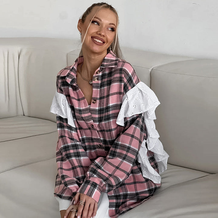Dame Oversized Karoshirt med voluminøse ruffleærmer Stilla