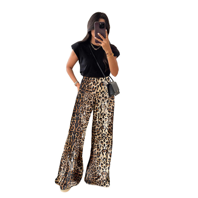Dame Bred Leopard-Print Bukser med elastisk linning og funkende detaljer Stilla