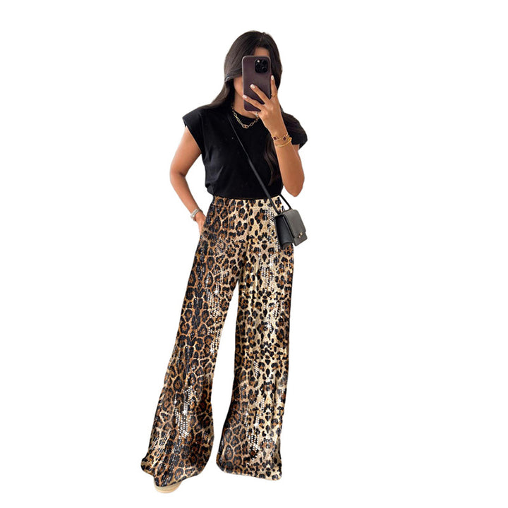 Dame Bred Leopard-Print Bukser med elastisk linning og funkende detaljer Stilla