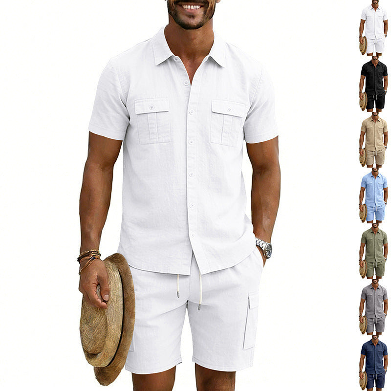 Herrer nan sommerligt fritids-sæt i bomulds-linnedmix med kortærmet skjorte og cargo-shorts Skovae