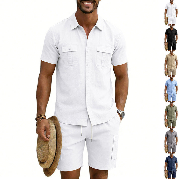 Herrer nan sommerligt fritids-sæt i bomulds-linnedmix med kortærmet skjorte og cargo-shorts Skovae