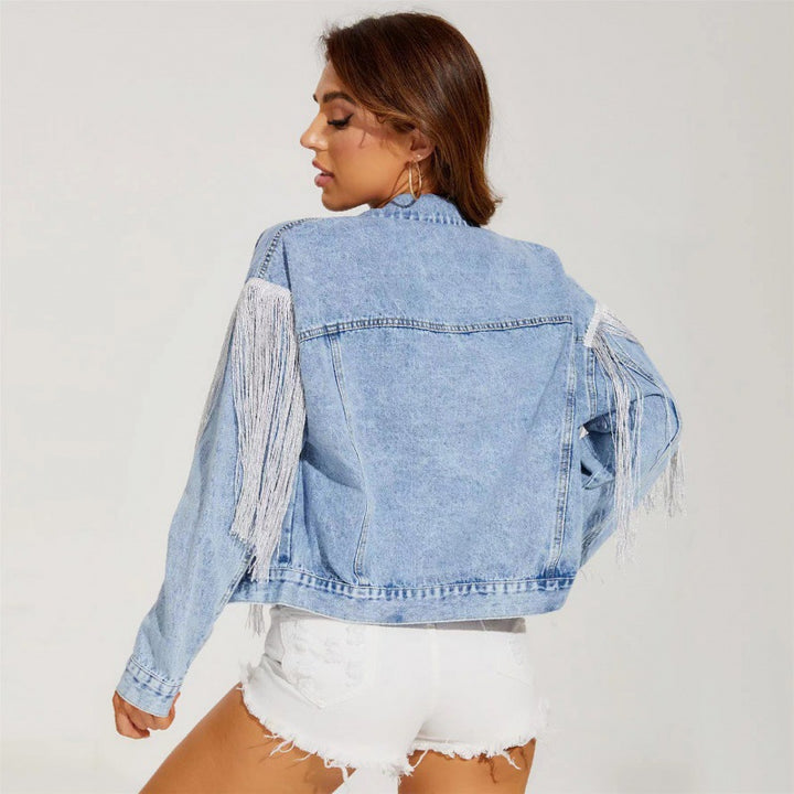 Kvindernes denimjakke med frynset design Stilla