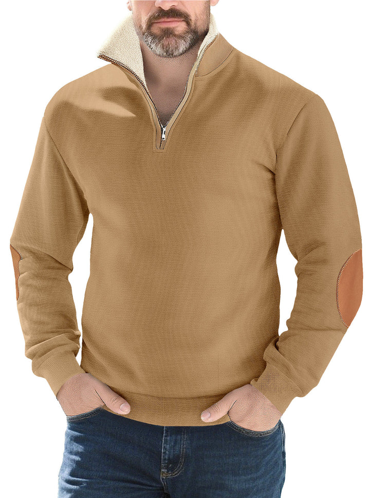 Herrer nan Strukturstrik-halv-zip-pullover med varmende Sherpa-krave og velour-ellenbog-applikation Skovae