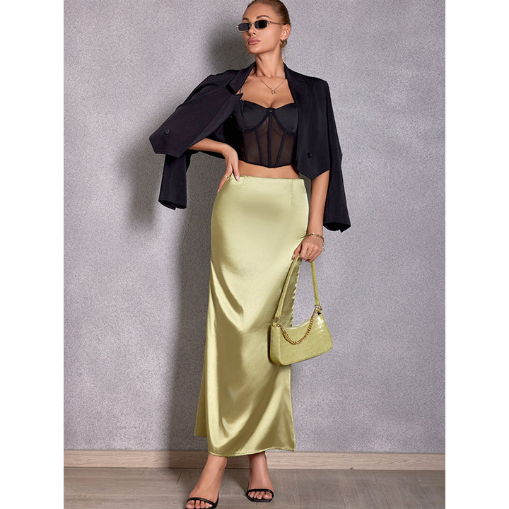 Dame Elegant Maxi Skirt i skinnende satin med høj slids Skovae