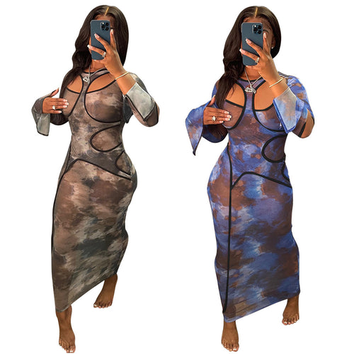 Dame Maxikjole med moderne cut-outs og volangærmer Stilla