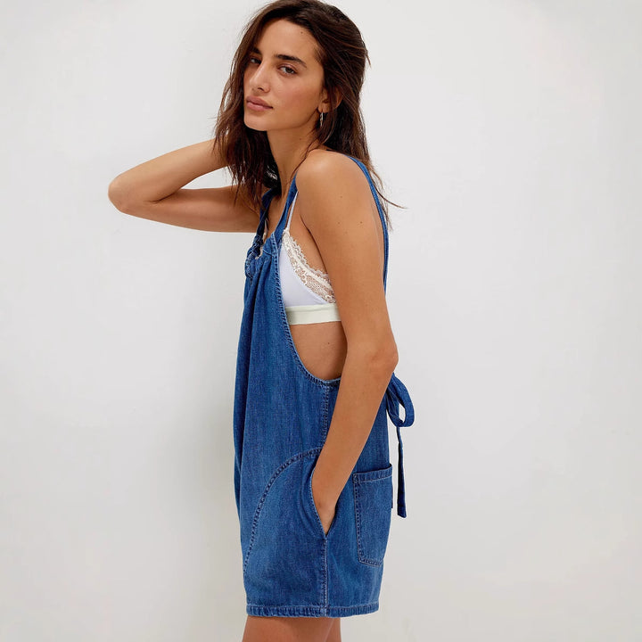 Kvinders denim shorts overalls med samlet halsudskæring og sidelommer Stilla