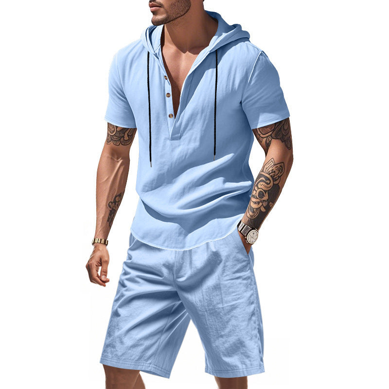Herre afslappet hoodie-shorts sæt med moderigtig Henley-udskæring og åndbare egenskaber Stilla
