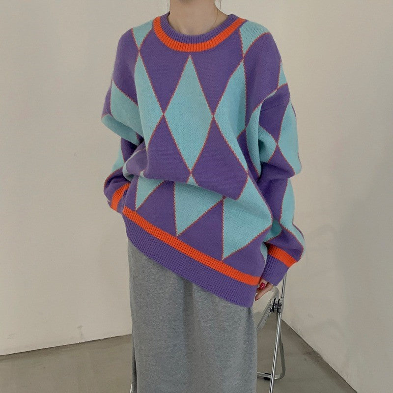 Kvinder's oversized strikket sweater med geometrisk mønster og farve kontraster Stilla