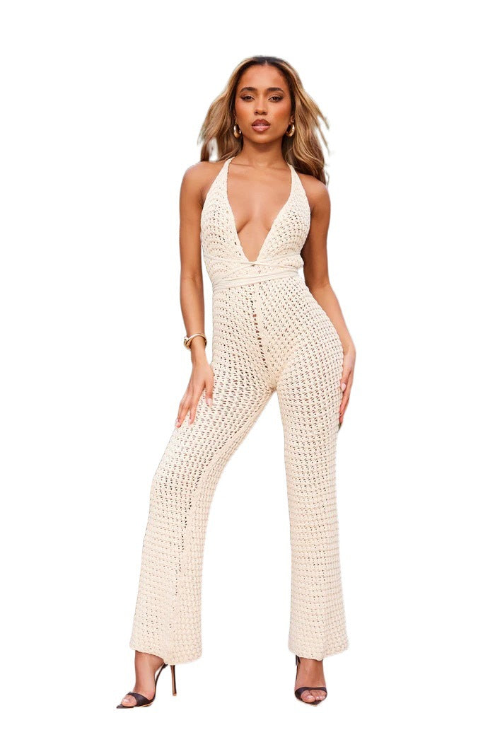 Kvinders strik jumpsuit med dyb V-hals og skræddersyet talje